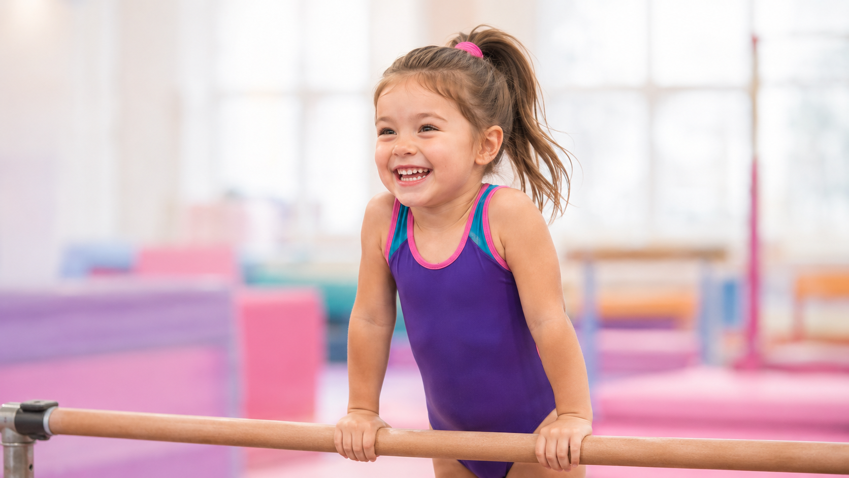 A joyful young girl enjoying the gymnastics bars