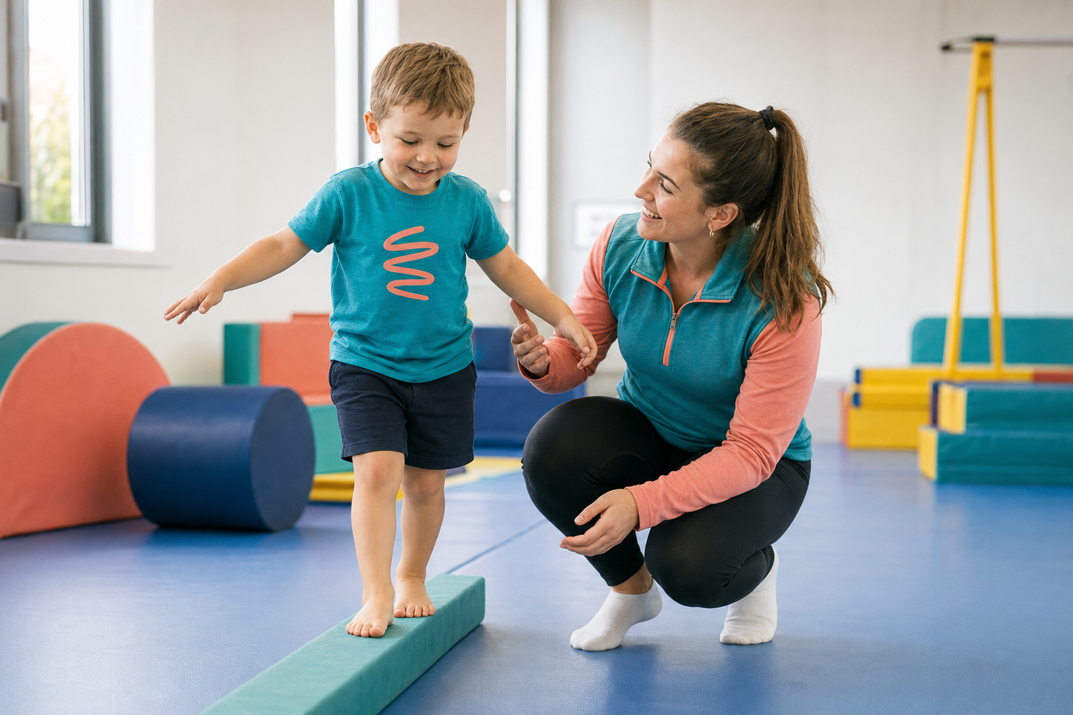 A young boy enjoying an age-appropriate gymnastics activity with a friendly female coach
